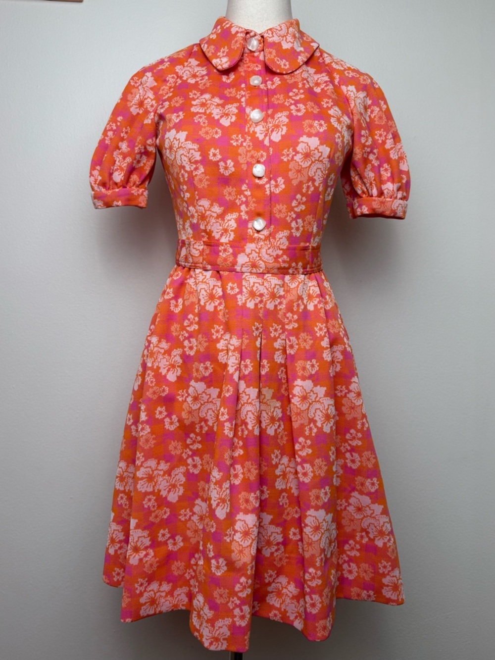 True Vintage Orange Pink White Floral Puff Sleeve Collar Mini Dress Small
